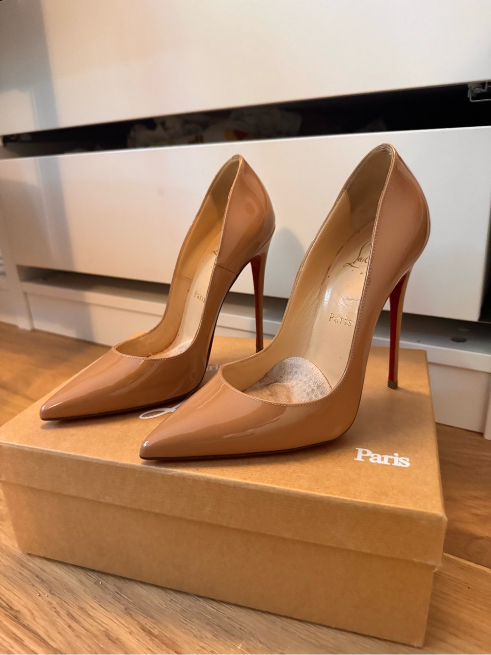 Christian Louboutin Nude Patent Leather Pointed-Toe Pumps with Red Soles
